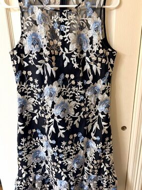 White House Black Market Black Midi Dress with Blue & Silver Floral Embroidery